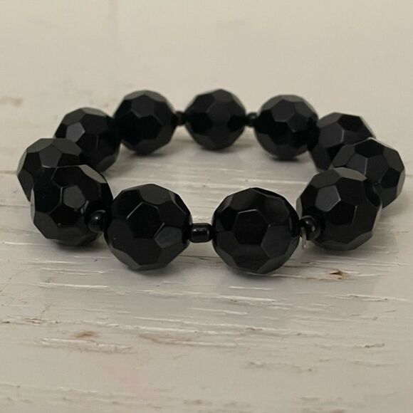 7.5” Sarda heavy stackable chunky black onyx honeycomb bead stretch bracelet - Picture 1 of 11